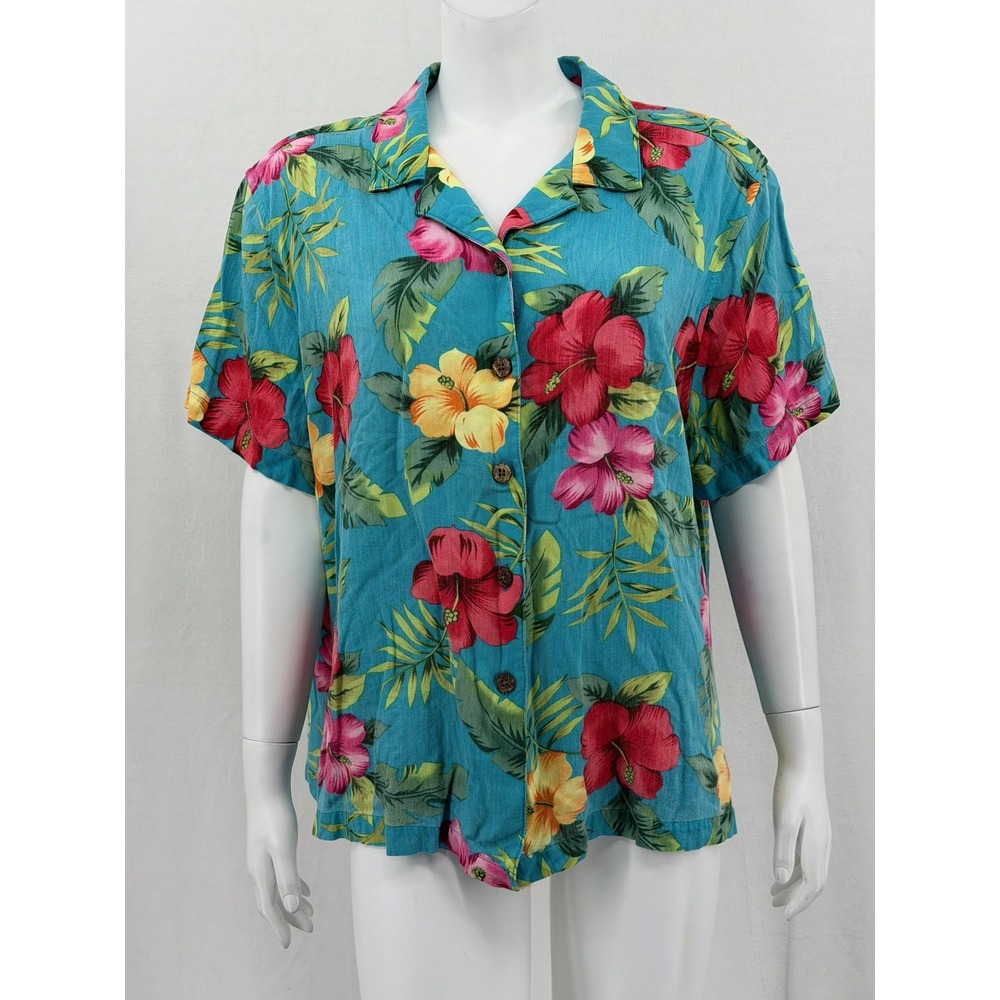 La Cabana Top Womens 2X Blue‎ Floral Hawaiian Aloha Button Up Tropical Beach